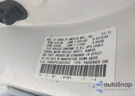 2017 Honda Accord Touring V6 z USA, uszkodzony, nr VIN 1HGCR3F97HA003642